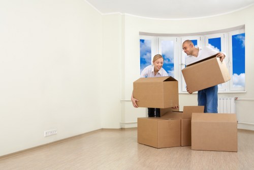 Packed boxes and furniture prepared for a move in Camden